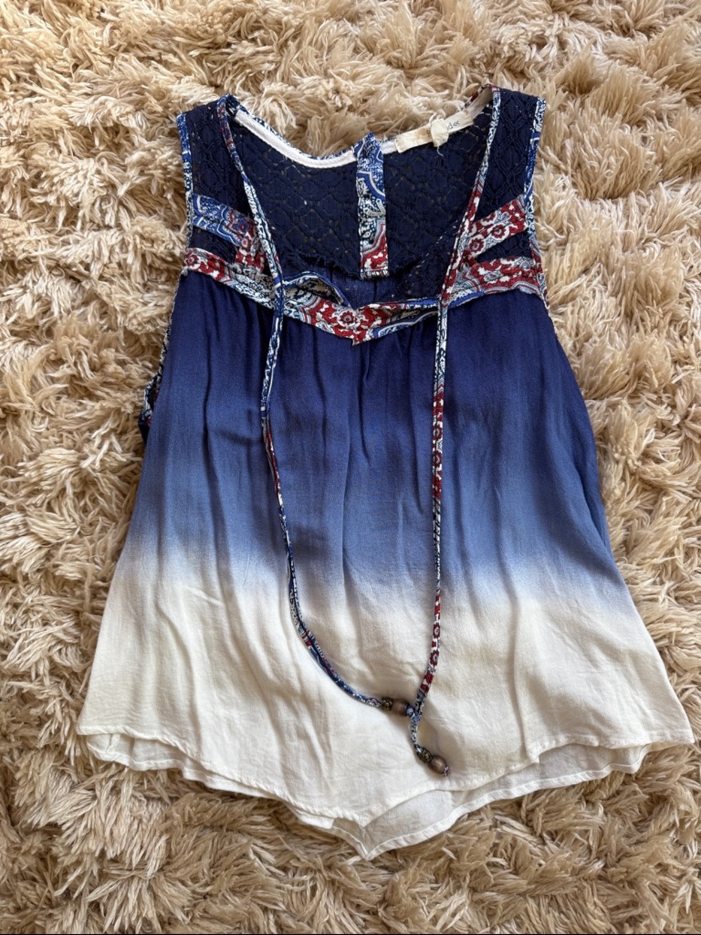 Rewind Blue to White Ombre Boho Sleeveless Camisole with Lace Yoke S